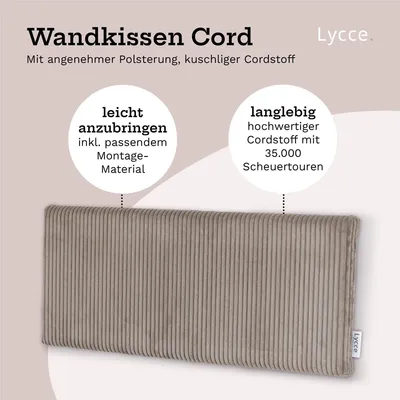 Image de Coussin mural Lycce en velours côtelé – Tête de lit rembourrée et coussin de dossier pour banc | Confortable et stable | Montage facile | Panneaux muraux rembourrés | Chambre à coucher et salon | Velours côtelé, couleur : taupe