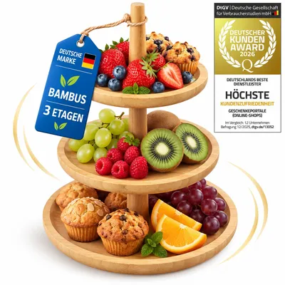 Produktbild von 3-Etagen Etagere aus Bambus Servierständer & Obstschale - Eleganter Cupcake Ständer & Serviertablett für Gebäck, Snacks Braun 31x37cm