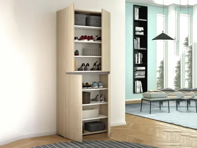 Produktbild von Großer Mehrzweck-Kleiderschrank Dbalestr, Schuhregal mit verstellbaren Regalen, Schuhschrank mit 4 Türen, 100 % Italy, 80 x 37 x 195 cm, Olmo