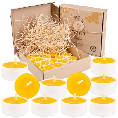 Immagine prodotto di Candele realizzate al 100% con cera d'api – candele a forma di tazza con stoppini in cotone – tempo di combustione: 4 ore – set di candele da 10, 50 o 25 pezzi (bianche)