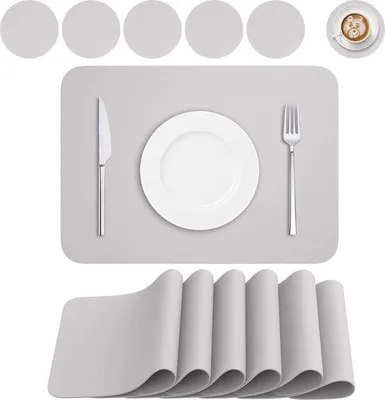 Produktbild von Famanu Platzsets und Untersetzer - Set von 12 abwaschbaren PVC Platzsets (41 x 31 cm) - Antirutsch, hitzebeständig, hellgrau
