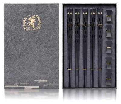 Produktbild von Wiederverwendbare chinesische Essstäbchen aus Legierung mit Ständer, spülmaschinenfest, Essstäbchen-Set (5 Paar)