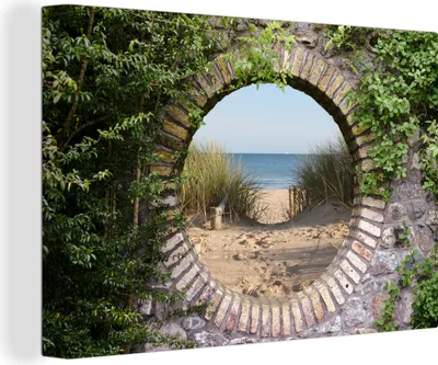 Produktbild von OneMillionCanvasses® - Leinwandbilder - 150x100 cm, Aussicht - Strand - Düne - Sommer, - Geöffnetes Fenster - Fensterblick Schlafzimmer Kunstdruck Wanddekoration - Foto auf Leinwand - Gemälde auf Holzrahmen