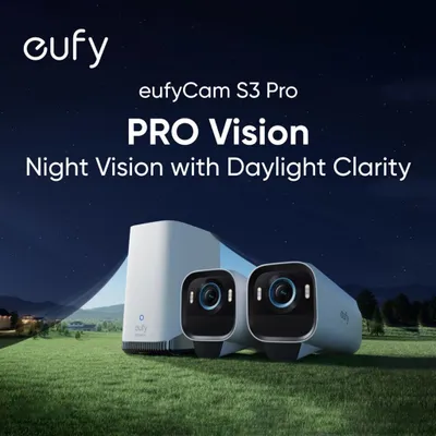 A night scene with a eufy HomeBase and two cameras on a grassy field, with text overlay describing the product's features.