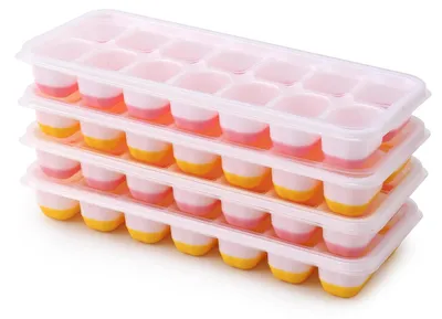 Image de Moules à glaçons en silicone avec couvercle, lot de 4, 56 glaçons, rose et jaune