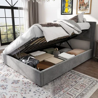 Productafbeelding van Opbergbed 140x200 cm – Gestoffeerd Tweepersoonsbed – Chesterfield Grijs Fluweel met Lift-Up Opbergruimte