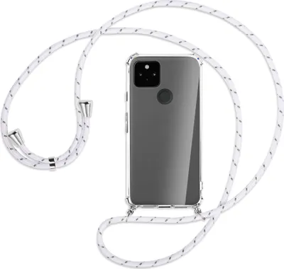 Produktbild von Handykette Backcover-Schutzhülle mit Band (Metall silberfarben) für Google Pixel 5a 5G  - weiß/grau