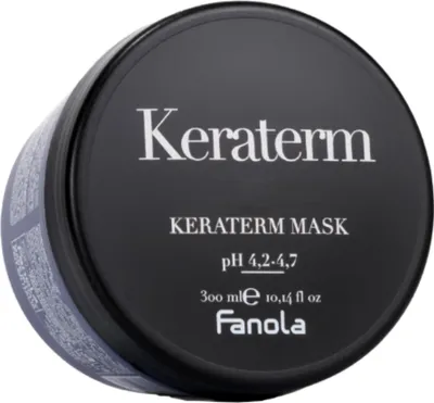 A black jar of Fanola Keraterm Mask hair product against a white background.