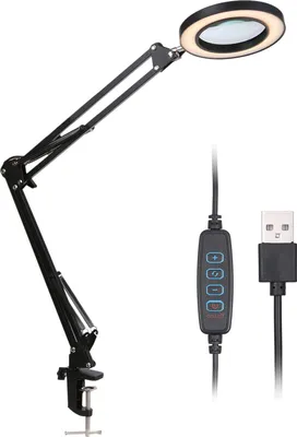 A black magnifying lamp with LED lights and a USB cable with a controller is shown against a white background.