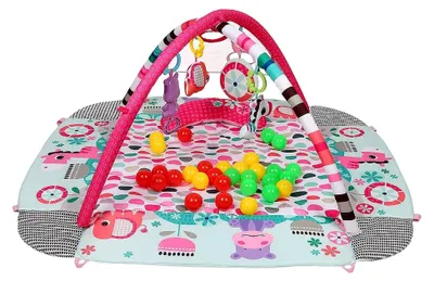 Produktbild von Krabbeldecke für Babys, Spieldecke für Neugeborene mit 3 abnehmbaren Hängespielzeugen und 30 Meereskugeln, Spielmatte für Babys und Kleinkinder von 1 bis 24 Monaten (Rosa, 109 x 97,5)