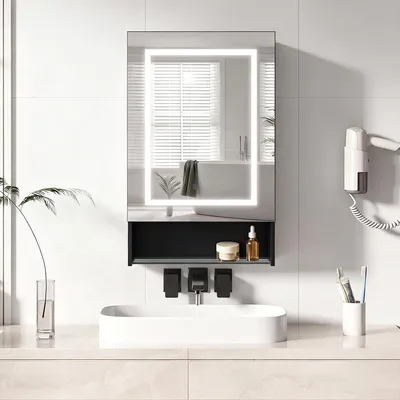 Image de Armoire à miroir pour salle de bain INONEFT, avec éclairage LED à 3 couleurs et étagères réglables, dimensions 50x88 cm, couleur noire