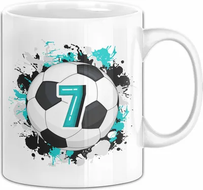 Produktbild von 7. Geburtstag Geschenk Tasse Becher Jungs Fußball Geburtstagsgeschenk  (Weiß)