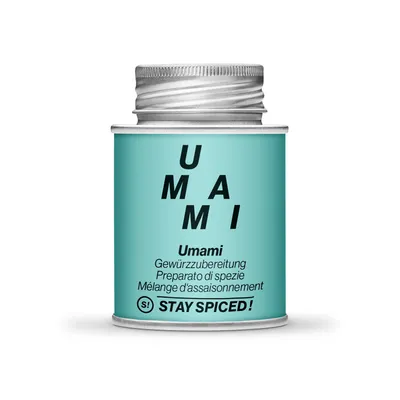 Produktbild von STAY SPICED  Köstliche Umami Gewürzmischung | Natur Pur | Alles würzer - Gewürz Allrounder | Ohne Glutamat | 170ml Schraubdose aus Weißblech zu 100%