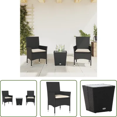 Produktbild von The Living Store 3-tlg. Bistro-Set mit Kissen Schwarz Poly Rattan und Glas
