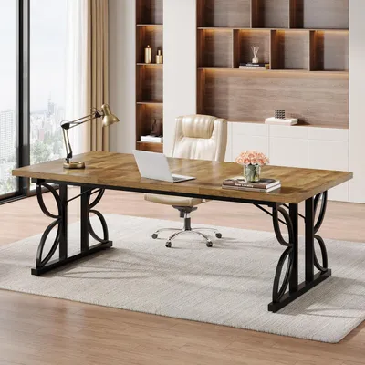 Zdjęcie produktu dla Biurko komputerowe do biura, wymiary 180 x 80 x 75 cm, metalowa konstrukcja, biurko przemysłowe, kolor brązowy i czarny