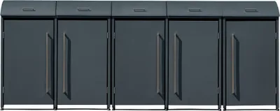A row of five identical dark gray metal trash bins with handles and lids.