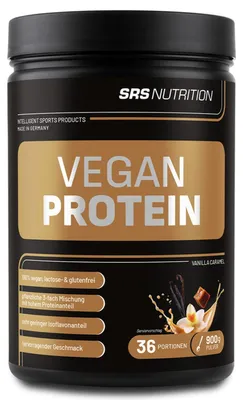 Immagine prodotto di SRS Fit&Health - Proteine vegane | 100% vegane | contenuto di estrogeni molto basso | sapore delizioso, ottima consistenza | qualità tedesca superiore (vaniglia-caramello, 900 g)