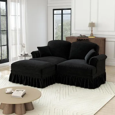 Produktbild von okwish Zweisitzer-Loungesofa L-förmiges Chaiselongue mit Trichter-Armlehnen und spindelförmigen Beinen,Relaxsofa Chaiselongue Schlafsofa mit 1 Hocker,Schwarz