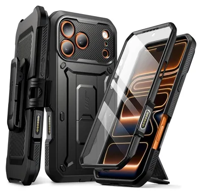 A black protective phone case with a kickstand and a belt clip, shown from multiple angles.