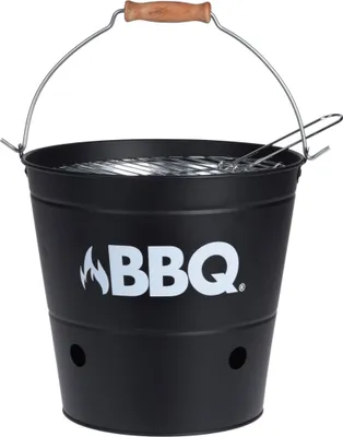 A black bucket-style BBQ grill with a metal grate and a wooden handle.