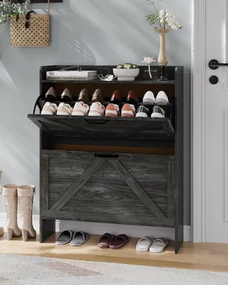 Produktbild von Schuhschrank 2 Klappschubladen, Landhausstil, schmal, freistehend, 16–20 Paar, für Flur & Diele