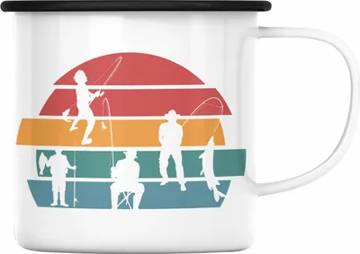 Produktbild von Trendation - Vintage Angler Emaille Tasse Geschenk Fischer zum Angeln als Geschenkidee für Angler (Schwarz)