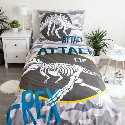 Produktbild von T-Rex Glow in the Dark Bettwäsche Grau 140 x 200 + 70x90 cm leuchtet im Dunkeln