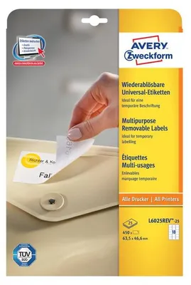 Image de Avery Zweckform L6025REV-25 Étiquettes universelles, 63,5 x 46,6 mm, 25 feuilles/450 étiquettes, blanc