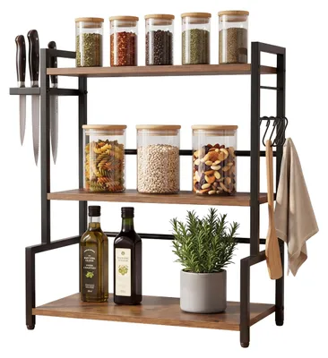 Immagine prodotto di Relaxdays: mensola da cucina da appoggio, A x L x P: 51 x 43 x 20 cm, ganci e portacoltelli, mensola portaspezie in stile industriale, marrone/nero