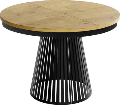 Produktbild von Esstisch Rund Ausziehbar mit Lamellen im Loft-Stil – 100 bis 180 cm – Industrieller Tisch mit Schwarzen Metallbeinen, Platzsparend für Wohnzimmer oder Esszimmer – Braun
