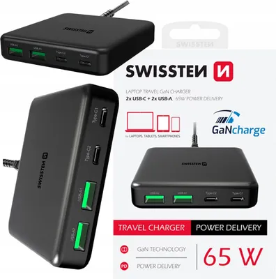 Zdjęcie produktu dla SWISSTEN Ładowarka sieciowa 2x USB-A i 2x USB-C 65W PD GaN na 4 urządzenia