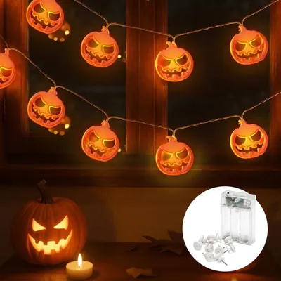 Pompoen-Lichtkette 5 m, 20 LED Warmweiß, Timer, batteriebetrieben