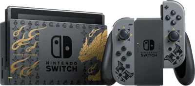 A Nintendo Switch console with dock and Joy-Con controllers, featuring a Monster Hunter Rise theme.