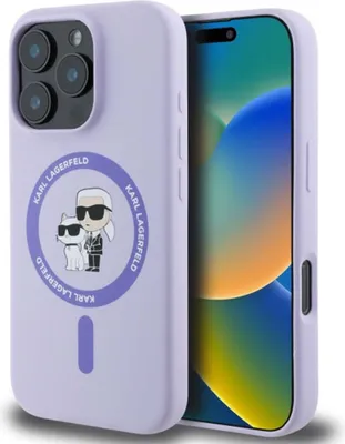A close-up shot of a purple iPhone case with a Karl Lagerfeld design, placed next to an iPhone.