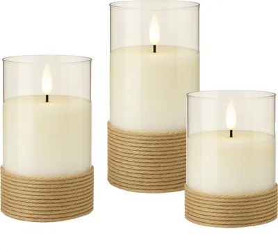 Produktbild von GOOBAY LED-Echtwachskerzen, Glas, Timerfunktion, 3 Stück, warmweiß, mit Hanfschnur umwickelt