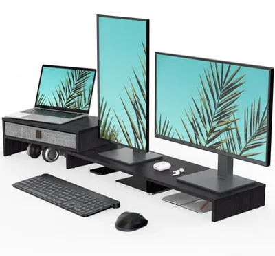 Immagine prodotto di Supporto per monitor regolabile in altezza con cassetto, da 78 a 113 cm, colore nero, realizzato in MDF, con capacità di carico di 30 kg