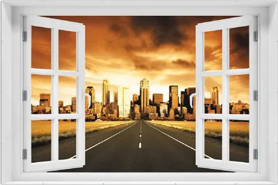Produktbild von Wallario Wandbild mit Fenster-Illusion: Skyline am Ende der Straße, Größe: 61 x 91,5 cm, Poster mit rahmenlosen Bildhalter