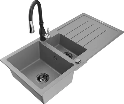 Produktbild von Mexen Andres 1,5-Becken-Granitspüle mit Abtropffläche und Mischbatterie Savita, Grau - 6515-71-672601-70-B