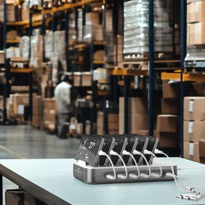 A charging station with multiple USB-C ports and cables is placed on a table in a warehouse setting.
