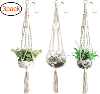 Produktbild von 3 H?ngepflanzenhalter, H?ngekorb in Makramee-Technik, H?ngeblumentopf mit Baumwollseil