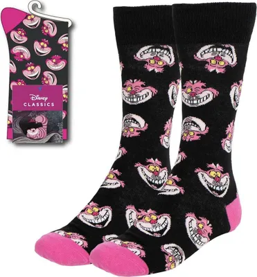 A pair of black socks with a repeating pattern of the Cheshire Cat's face from Disney's Alice in Wonderland, and a packaging card for the socks.
