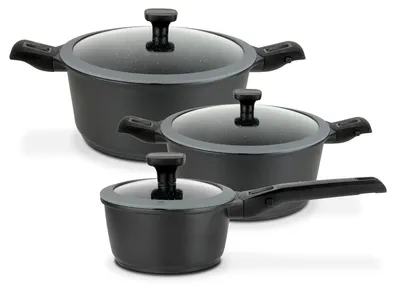 Zdjęcie produktu dla Zestaw garnków GSW Kochtopf-Set EASY CLICK, 6-elementowy, model 167772, aluminium, pojemność ok. 2,4 L / ok. 4,2 L / ok. 1,4 L