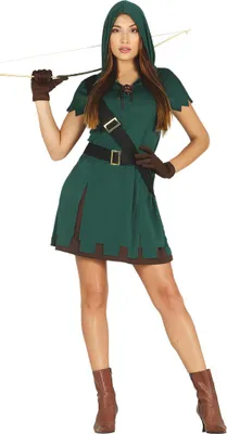 A woman wearing a green medieval-style costume with a hood, holding a bow and arrow.