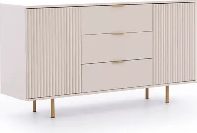 Produktbild von Nubia K2D3SZ komoda se třemi zásuvkami a dvěma dvířky, frézovaná čela, příborník (barva: kašmír + zlaté nohy)