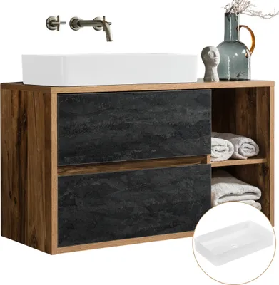 Produktbild von Badmöbel Waschtischunterschrank mit Keramik Waschbecken HARLOW-56 Eiche mit Beton Dunkel Nb., B/H/T ca. 100/71/46 cm