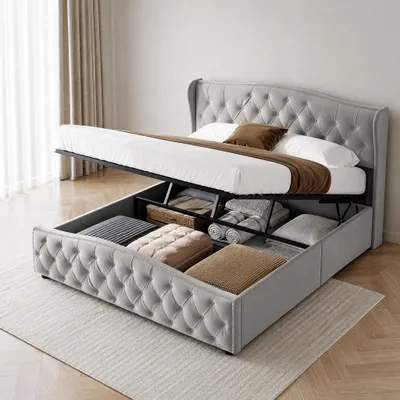 Obrázok produktu pre UnboxG Čalúnená posteľ s úložným priestorom, manželská posteľ 140x200 cm posteľ s pružinovým boxom a lamelovým roštom, úložná posteľ, funkčná posteľ, sivá