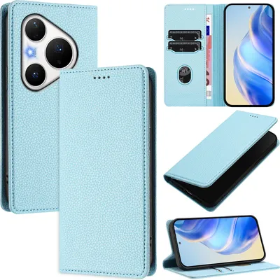 Produktbild von Litchi Leder Handyhülle für Huawei Pura 80 Pro Wallet Kartenfächer Standfunktion Hülle Hellblau