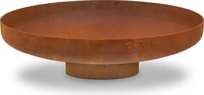 A rusty metal fire pit on a white background.