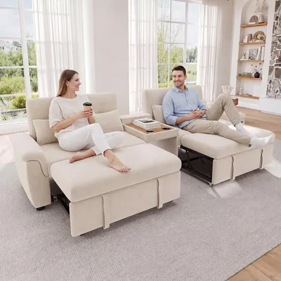 Immagine prodotto di Divano letto Merax, modello a forma di "U", trasformabile in letto matrimoniale, divano letto a 4 posti con area per animali domestici, portabicchieri, 4 cuscini, tessuto in chenille, color beige