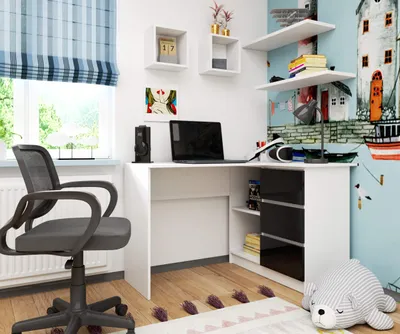 Immagine prodotto di Scrivania angolare da 124 cm con 3 cassetti, scrivania per computer a forma di L, mobile angolare a 2 scomparti